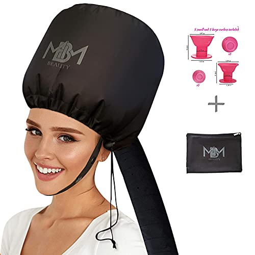Bonnet Hair Dryer Attachment-W/ 10 Silicone Hair Curlers-Extra Large Adjustable Soft Hooded Hair Dryer Bonnet With Extra Long Hose For Drying,Styling,Curling&Deep Conditioning Fits All Head&Hair Sizes
