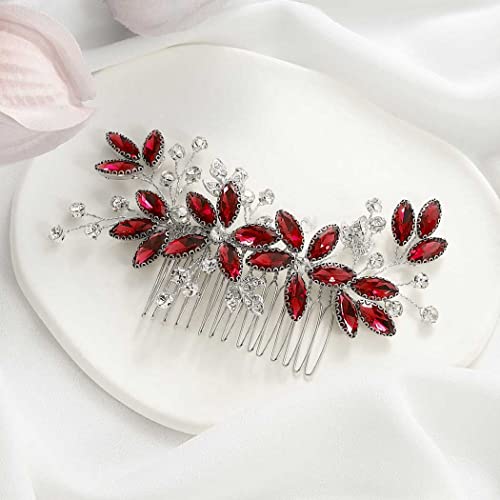 Casdre Crystal Bride Wedding Hair Comb Silver Leaf Bridal Hair Accessories Rhinestone Party Prom Hair Piece for Women and Girls (E Red)