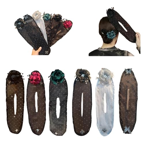 Hand Embroidered Flowers Deft Bun,Deft Bun Hair Twister,Ball Hair Clip,Flower Hair Bun Roller,Sheer Fabric Hair Bun Maker for Long Thick Hair Accessories for Women Girls (6PCS)