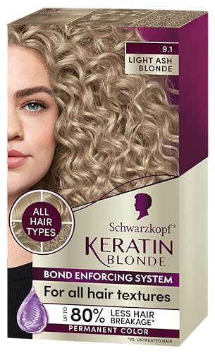 Schwarzkopf Keratin Color Permanent Hair Color, 9.1 Light Ash Blonde, 1 Application - Salon Inspired Permanent Hair Dye, for up to 80% Less Breakage vs Untreated Hair and up to 100% Gray Coverage