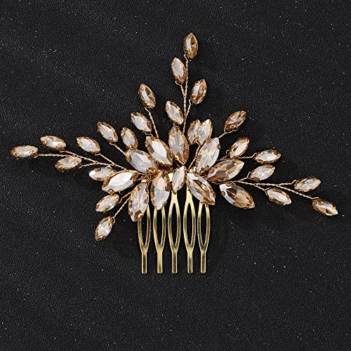 Teyglen Women Dainty Simple Full Rhinestones Red Blue Black Bride Wedding Hair Comb Luxurious Hair Accessories Shiny Rhinestones Bridal Side Hair Combs for Women Bride Girls (Champagne)