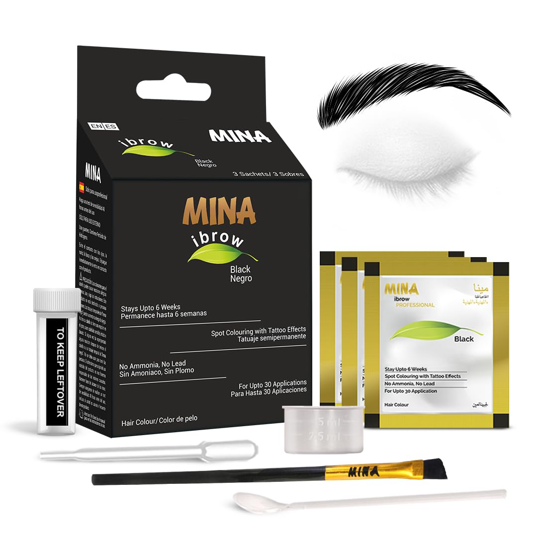 Mina ibrow Henna Hair Color Black|Long Lasting Natural Spot coloring and Hair Tinting Powder with Brush, Water and Smudge Proof | No Ammonia, No Lead with 100% Gray Converge Upto 30 Application|Vegan and Cruelty free