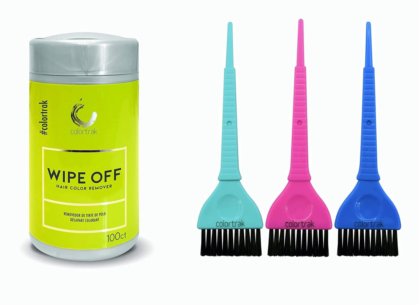 Colortrak Hair Color Remover Wipes (100 Wipes) and 3 Piece Wide Hair Color Brush Set - Precise Hair Dye and Bleach Application & Moist, Non-Irritating Towelettes Formulated with Aloe