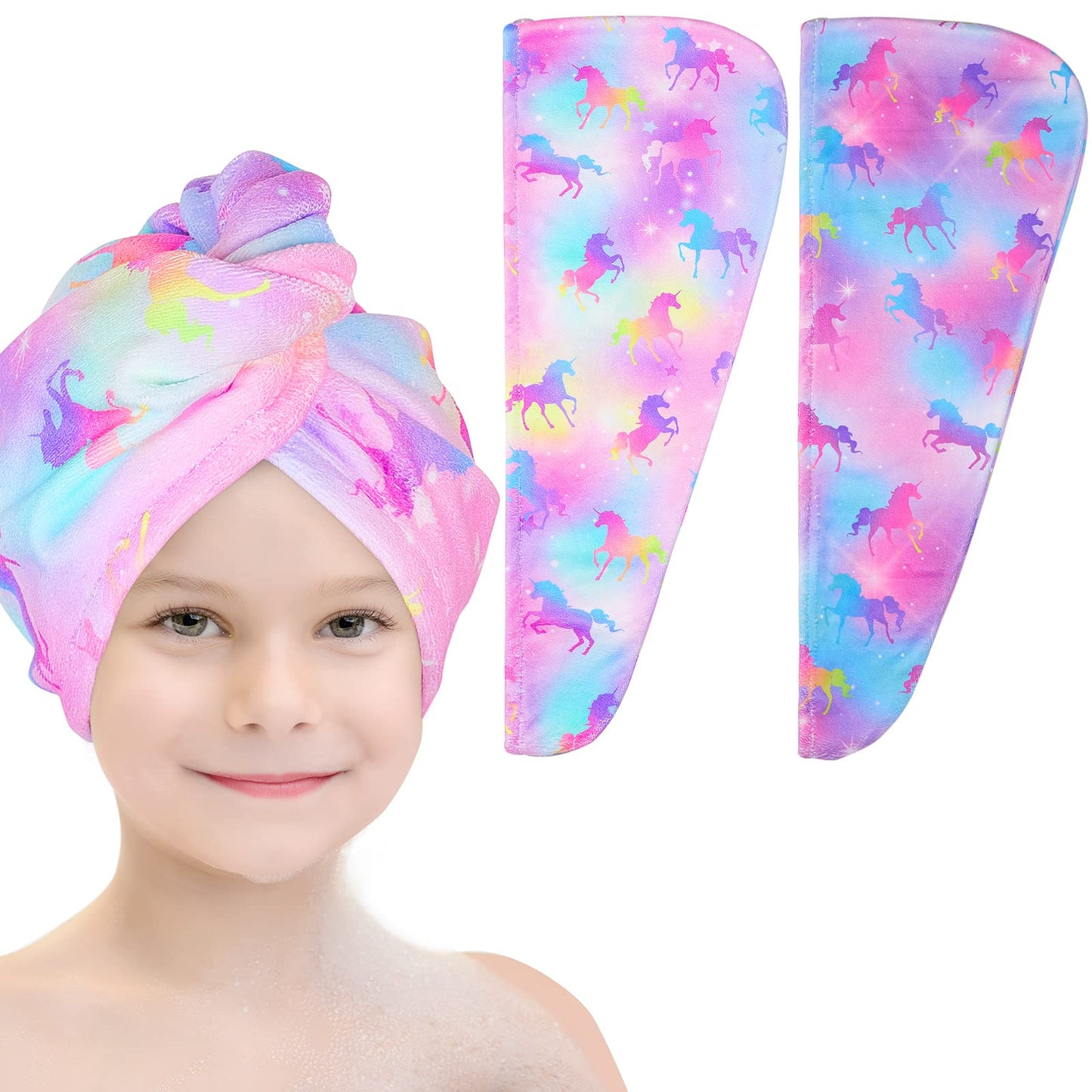 Basumee Microfiber Hair Towel Wrap for Kids 2 Pack Rapid Drying Hair Towel with Button Hair Turbans for Wet Hair Wraps Head Towel Wrap for Women and Girls, Unicorn