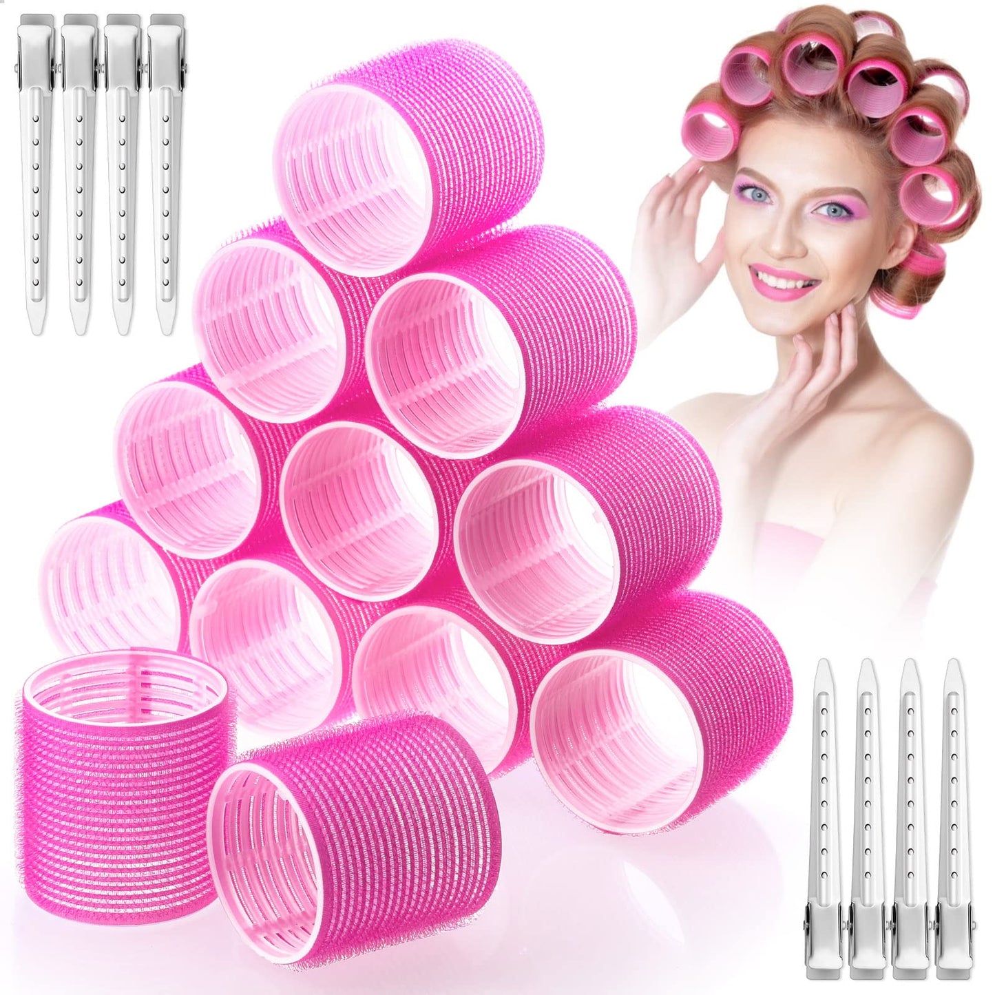 Jumbo Hair Curlers Rollers, 24Pcs Hair Rollers Set with 12Pcs 60mm Jumbo Hair Curlers Self Grip Holding Rollers and 12Pcs Hair Clips for Long Medium Hair Bangs Volume (Rose Red)