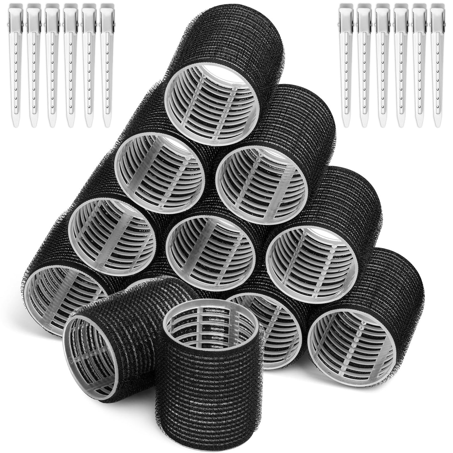 Hair Curlers Rollers, 12Pcs Big Hair Rollers Self Grip Holding Curlers with 12Pcs Stainless Steel Duckbill Clips for Long Medium Thick Hair Bangs Volume (Black)