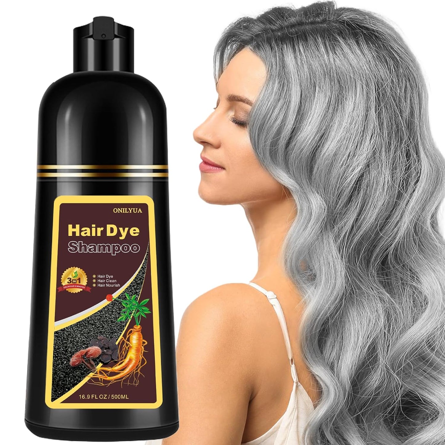 Natural Silver Gray Hair Color Shampoo 500ml, 3-IN-1 Hair Dye Shampoo, Hair Nourishing & Dyeing for Men Women Colors in 10-15 mins, Silver Hair Dye Color Easy to Use(Natural Silver Gray)