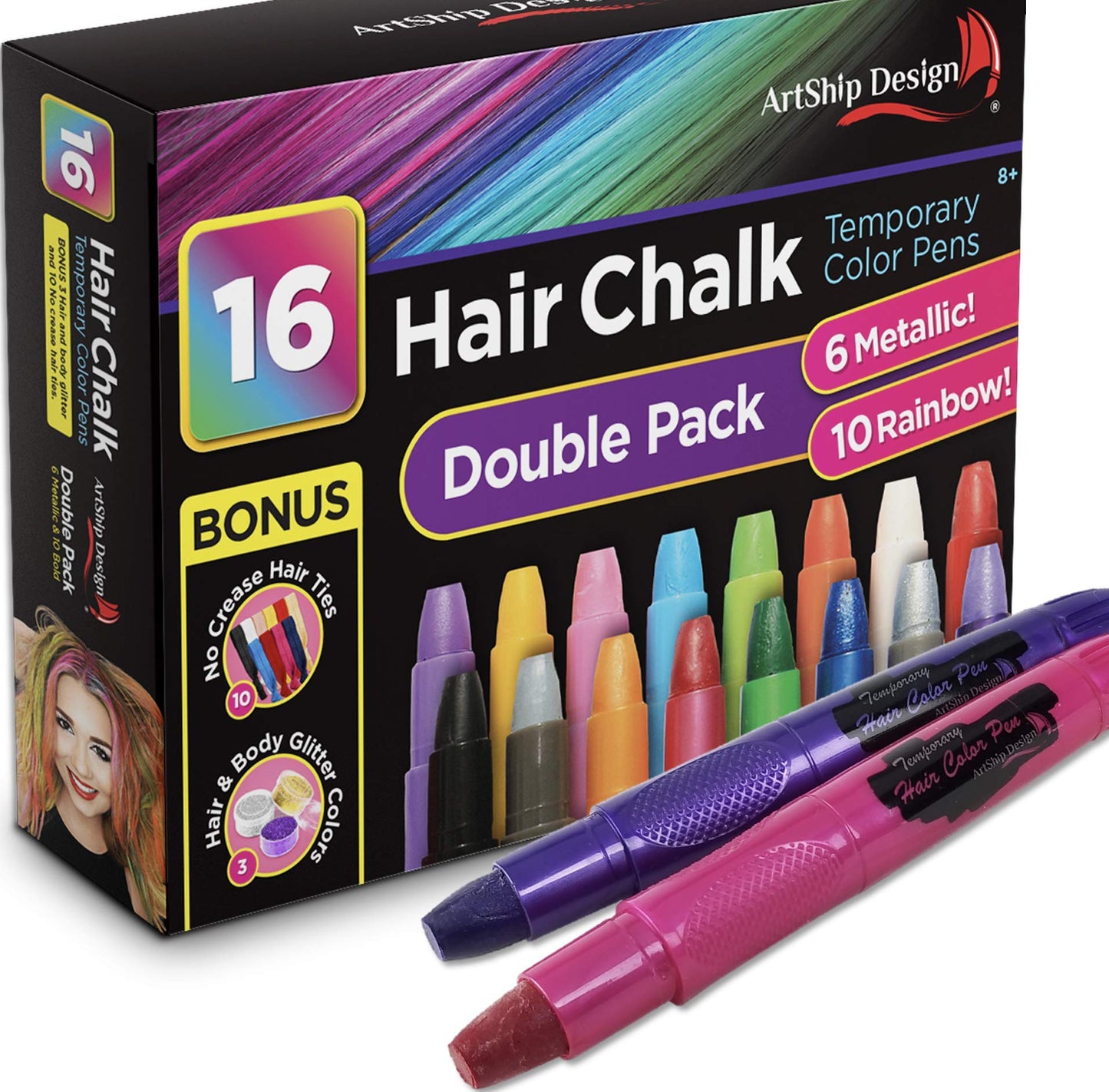 Hair Chalk 16 Colors with 6 Glitter Colors Temporary Hair Color Pens with Glitter and Creaseless Hair Ties