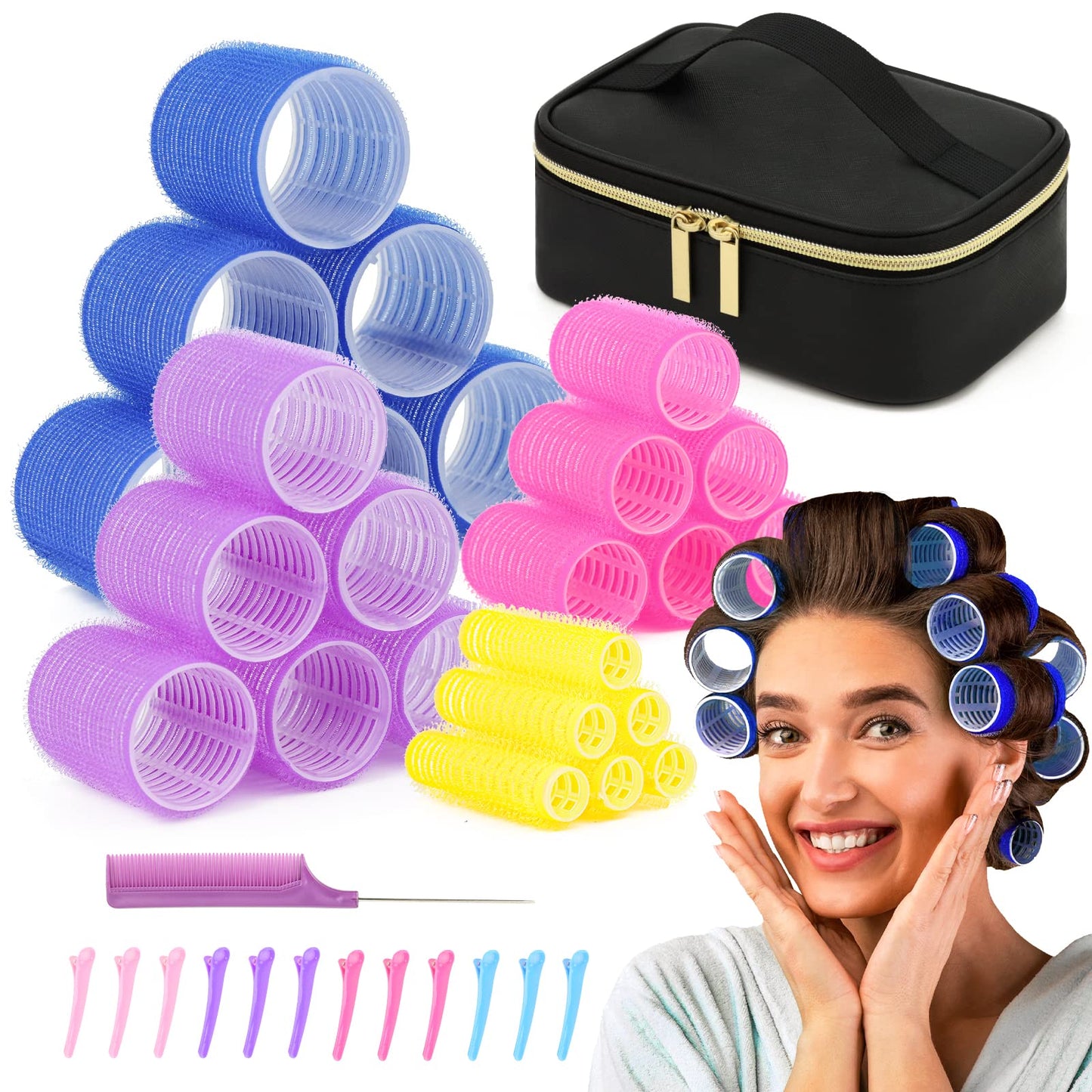 Hair Rollers Set with Free Cosmetic Bag - Self Grip Heatless Sooninno Hair Curlers for medium hair Long hair,Volume Hair - Set of 38 PCS,Hair Rollers with Clips,Comb,Best Rollers Hair Curler