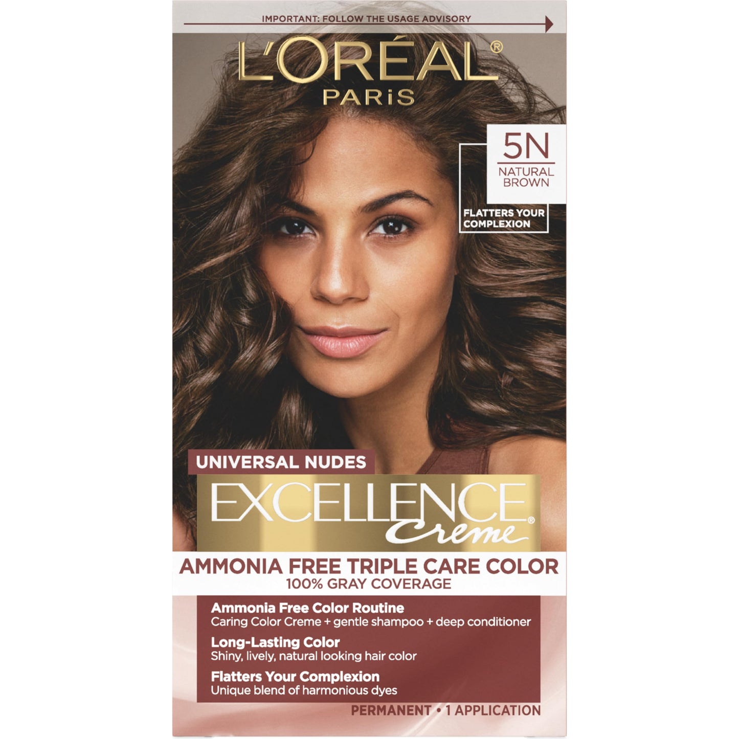 L’Oréal Paris Excellence Universal Nudes Permanent Hair Color, Ammonia Free Hair Dye for Gray Hair Coverage, 5N Natural Brown, 1 Hair Dye Kit