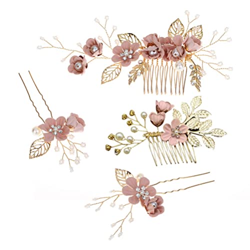 NUOBESTY 4Pcs Wedding Hair Clip Comb Handmade Bridal Hair Clip Pearl Floral Leaf Hair Accessories for Women Wedding (Pink)