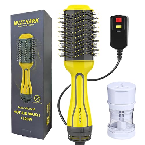 Dual Voltage Hair Dryer Brush, Wizchark Hair Blow Dryer Brush with Negative Ion for European Travel 110v-120v/220v-240v, Hot Air Brush Styler and Dryer for Straightening, Drying, Curling