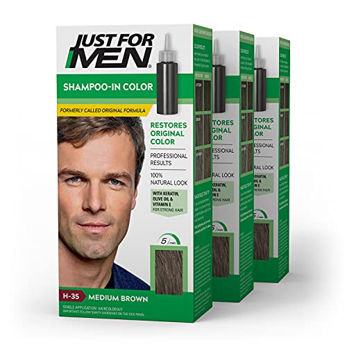 Just For Men Shampoo-In Color (Formerly Original Formula), Mens Hair Color with Keratin and Vitamin E for Stronger Hair - Medium Brown, H-35, Pack of 3