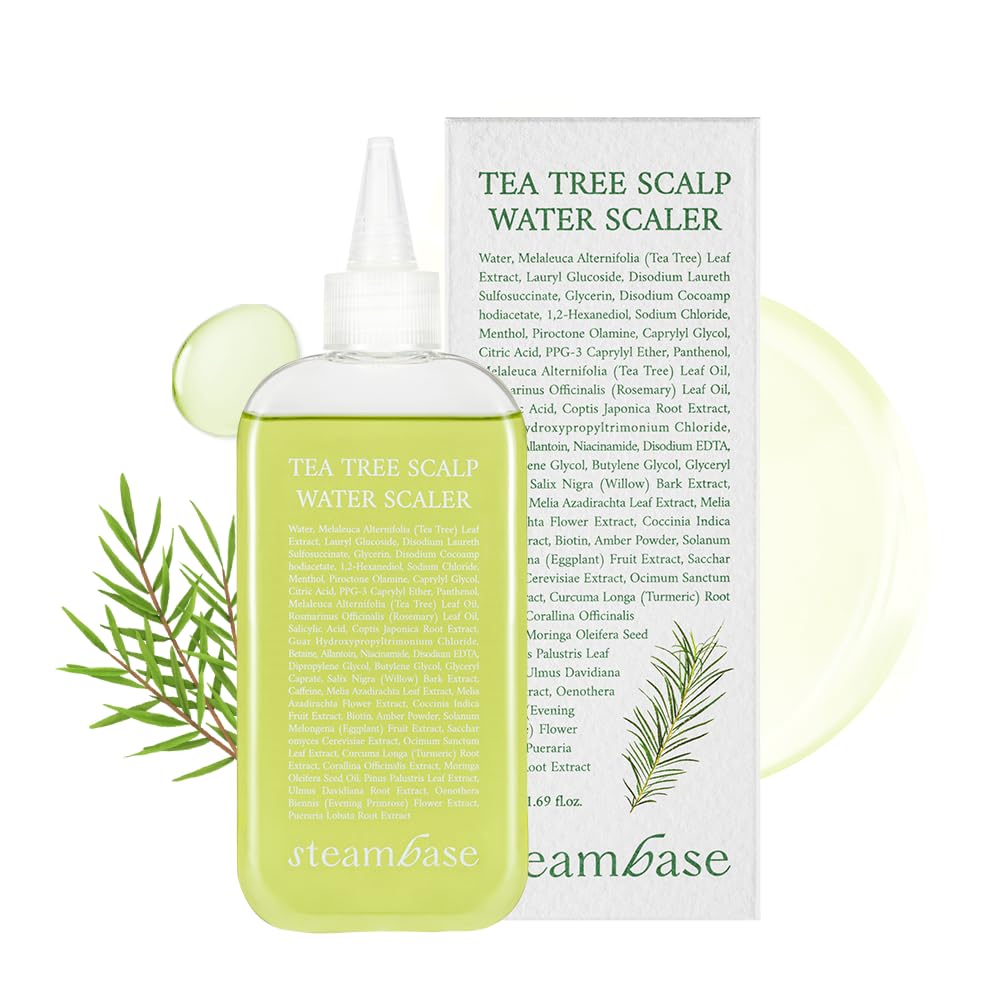 STEAMBASE Tea Tree Scalp Water Scaler | Dry Scalp Cleansing and Hydration | Natural BHA & Tea Tree | Remove Hair Odor & Scalp Buildup | Water Type Hypoallergenic Scalp Exfoliator, 8.42 fl oz