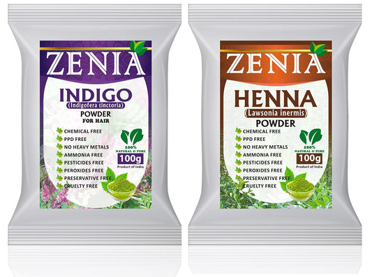 Zenia 100% Pure Indigo Powder and Henna Powder Hair Color Combo Kit | for Coloring Hair and Beard Black | 100 Grams Each | All Natural, Chemical Free, PPD-free, Ammonia-free