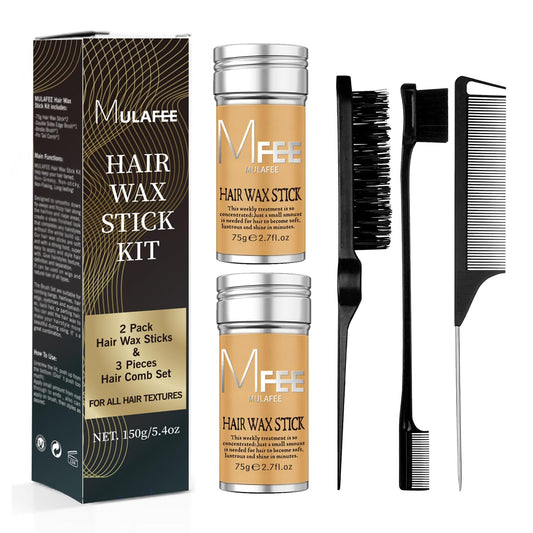 MULAFEE 2 Pack Hair Wax Stick with Hair Comb Kit, Wax Stick for Smooth Hair Wigs, Non-Greasy Styling Wax for Fly-Away and Edge Frizz, 2 Pcs Hair Wax & 3 Slick Brushes Set