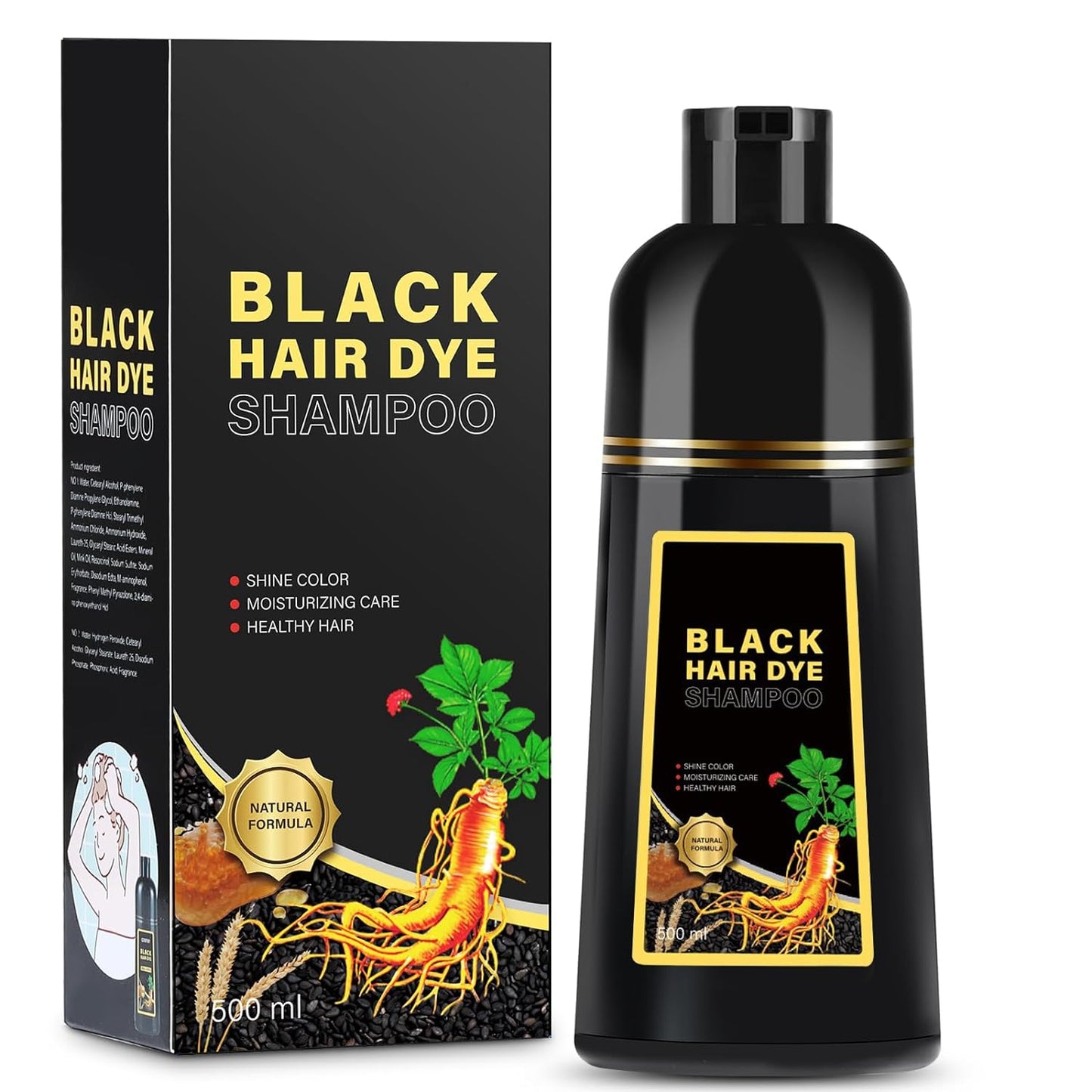 Black Hair Dye Shampoo for Gray Hair, Hair Color Shampoo for Women Men Gray Coverage, Herbal 3 in 1 Black Hair Dye 500ml (Black)