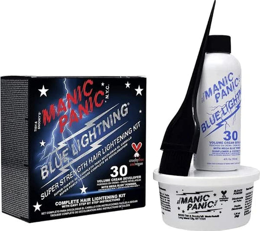 MANIC PANIC Blue Lightning Hair Bleach Kit - 30 Volume Developer + Bleach Powder Hair Lightener Lifts up to Five Levels And Eliminates Orange Tones - Vegan And Cruelty Free