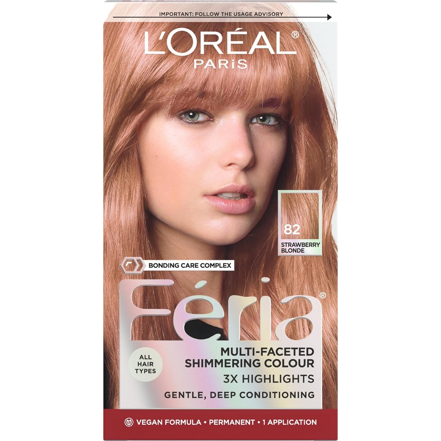 L'Oreal Paris Feria Multi-Faceted Shimmering Permanent Hair Color, High Intensity Hair Dye for 3X Highlights, 82 Strawberry Blonde, 1 Hair Dye Kit