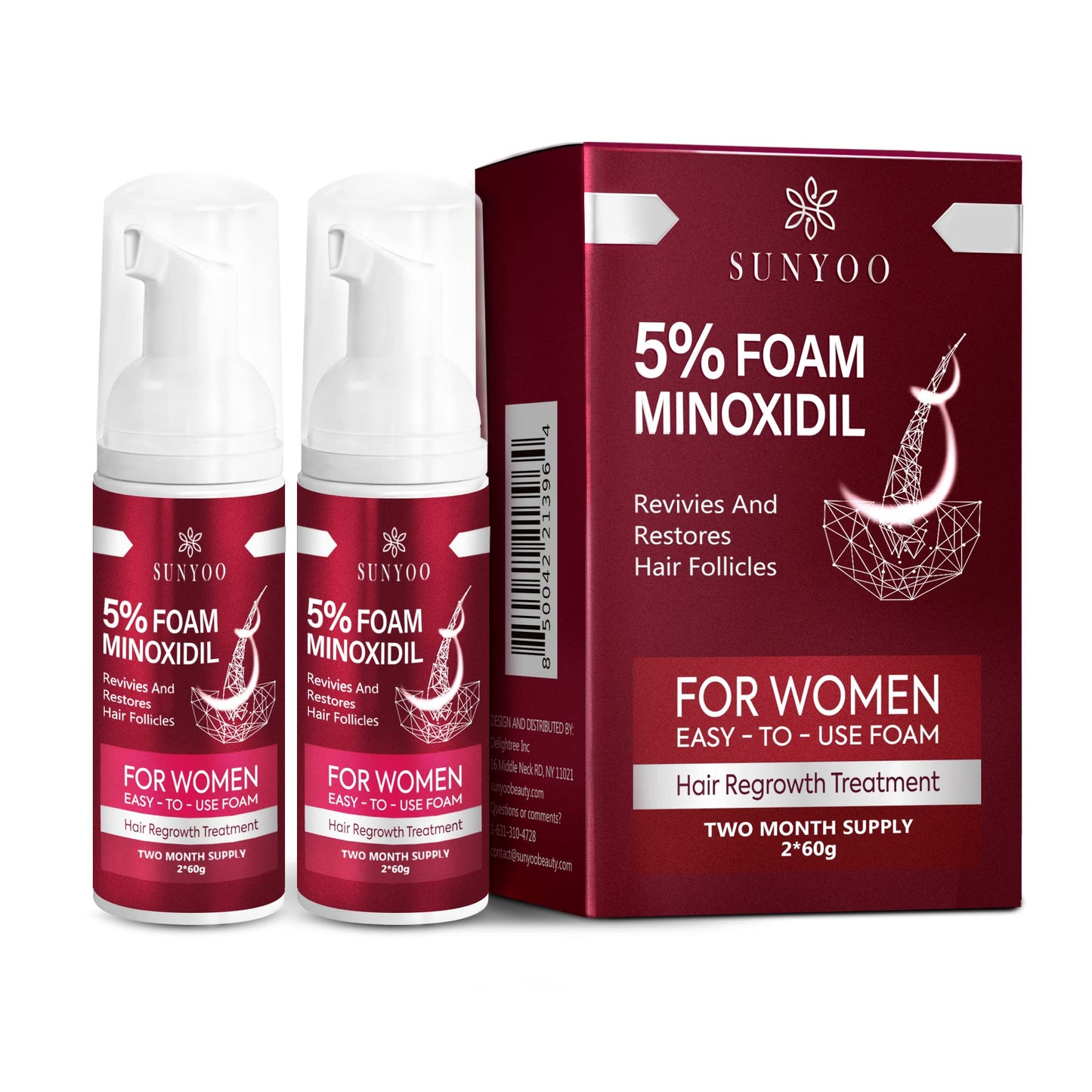 SUNYOO 5% Minoxidil Foam for Hair Thinning and Hair Loss, Hair Growth Treatment for Women's Thicker and Fuller Hair, 2 Pack of 60g