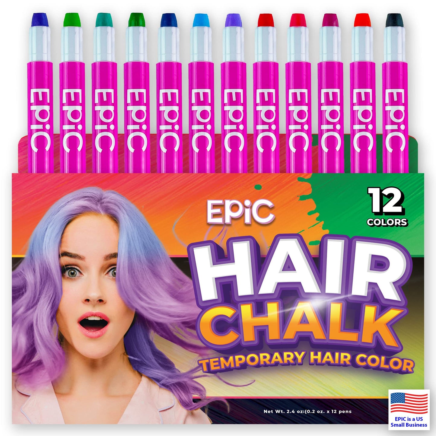 EPIC Hair Chalk for Girls & Boys - 12 Large Pens - Dust Free Wax Hair Crayons - Temporary Hair Color for Kids - Washable - Non Toxic - Easter Basket Stuffer Gift Idea