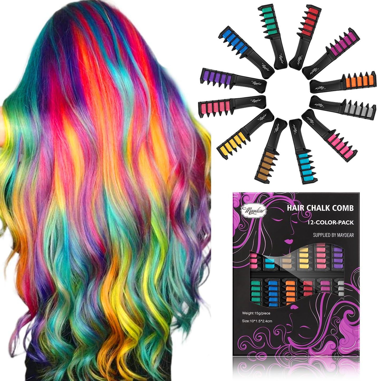 Maydear 12 Colors Hair Chalk for Girls Washable Hair Chalk Comb Set - Temporary Hair Dye for Kids Age 6 7 8 9 10 11 12 Children's Day Birthday Halloween Party