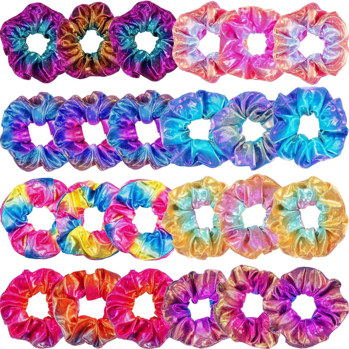 Tatuo 24 Pieces Shiny Metallic Scrunchies Rainbow Hair Scrunchies Sparkle Elastic Hair Bands Scrunchy Colorful Hair Ties Ropes for Women Girls Gymnastics Birthday Party Favors, Large
